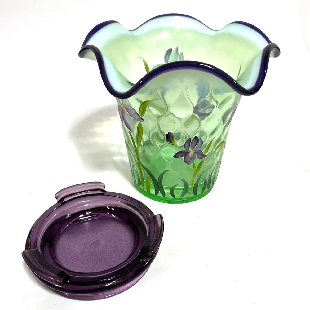 Fenton Desisgner Showcase Series Hand Painted Green Purple Vase Triple Signed - Picture 7 of 17